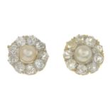 A pair of cultured pearl and old-cut diamond cluster earrings.Estimated total diamond weight 2cts,