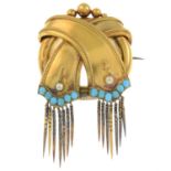 A late Victorian 18ct gold seed pearl and turquoise brooch, with snake-link tassels.Length 6.5cms.
