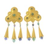 A pair of emerald and sapphire cannetille drop earrings.Length 7.7cms.