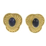 A pair of sapphire earrings.Stamped 750.Length 2.6cms.