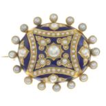 A late 19th century split pearl and blue enamel brooch, with glazed panel reverse.