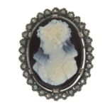 A late 19th century onyx cameo and rose-cut diamond brooch.Length 3cms.