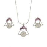 A pair of pink tourmaline and brilliant-cut diamond pendant,