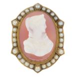 A late 19th century gold hardstone and cultured pearl cameo pendant.Length 4.6cms.