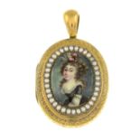 A mid 19th century gold enamel portrait locket, with split pearl surround.Length 5.5cms.