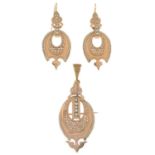 A late 19th century gold seed pearl earrings and pendant suite.French assay marks stamped to