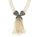 An early 20th century seed pearl and rose-cut diamond necklace.Length 66cms.