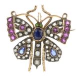 A late 19th century gold and silver gem set butterfly brooch.Gems to include rubies,