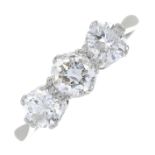 A brilliant-cut diamond three-stone ring.Estimated total diamond weight 1ct,