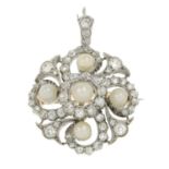 A late Victorian pearl and old-cut diamond pendant.May be worn as a brooch or hair