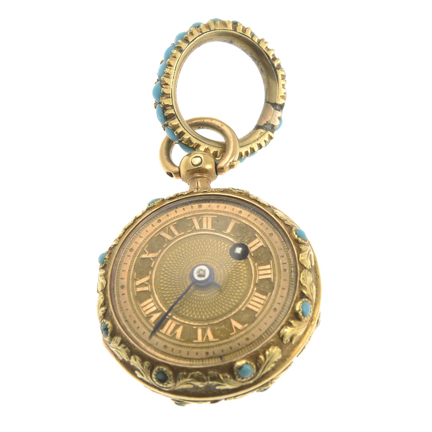 A late Georgian gold turquoise fob watch.Length 4cms. - Image 2 of 2