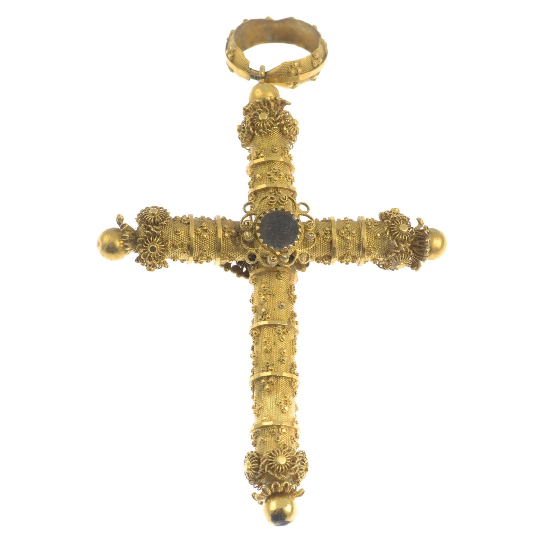 A late Georgian 18ct gold cross pendant, with glazed panel and butterfly accent.Length 9.1cms. - Image 2 of 4