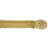A 19th century woven mesh bracelet with gem-set clasp.Gems to include turquoise,