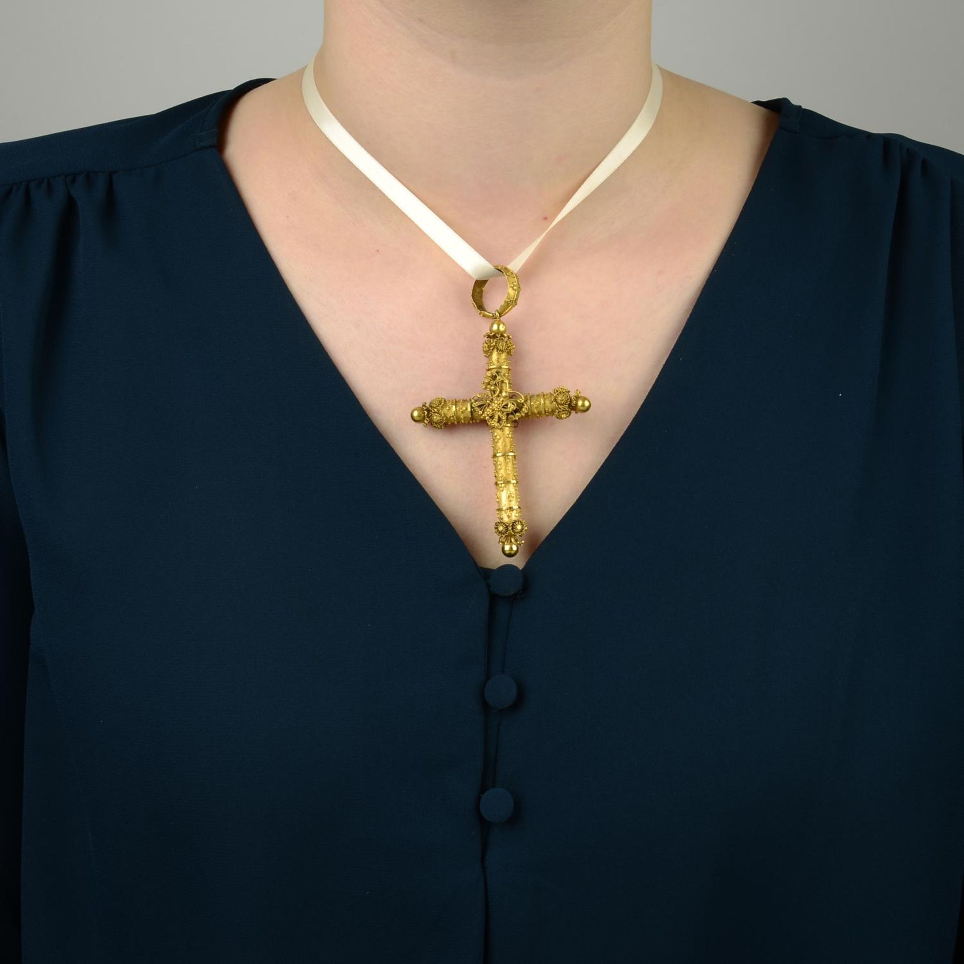 A late Georgian 18ct gold cross pendant, with glazed panel and butterfly accent.Length 9.1cms. - Image 3 of 4