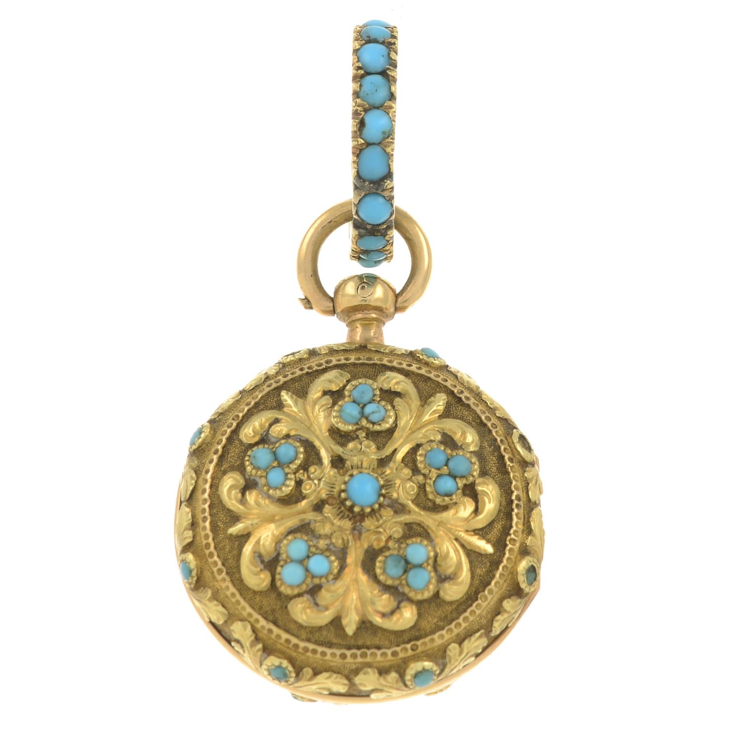 A late Georgian gold turquoise fob watch.Length 4cms.