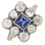 A mid 20th century synthetic sapphire and old-cut diamond cluster ring.Estimated total diamond