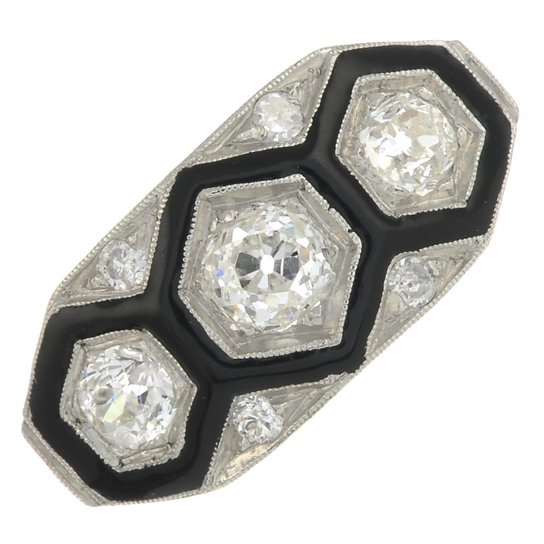 An old-cut diamond and black enamel three-stone ring,