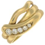 A late Victorian 18ct gold old-cut diamond snake ring.Estimated total diamond weight 0.40ct,