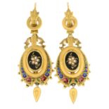 A pair of late 19th century 18ct gold floral split pearl and enamel earrings.Length 6.2cms.