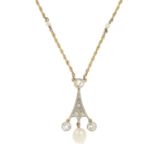 A composite late 19th century gold and platinum natural saltwater pearl and old-cut diamond