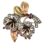 A 1940s gold and silver synthetic ruby and rose-cut diamond floral brooch.