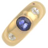 A sapphire and old-cut diamond three-stone ring.