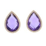 A pair of 18ct gold amethyst and brilliant-cut diamond earrings.Amethyst total calculated weight