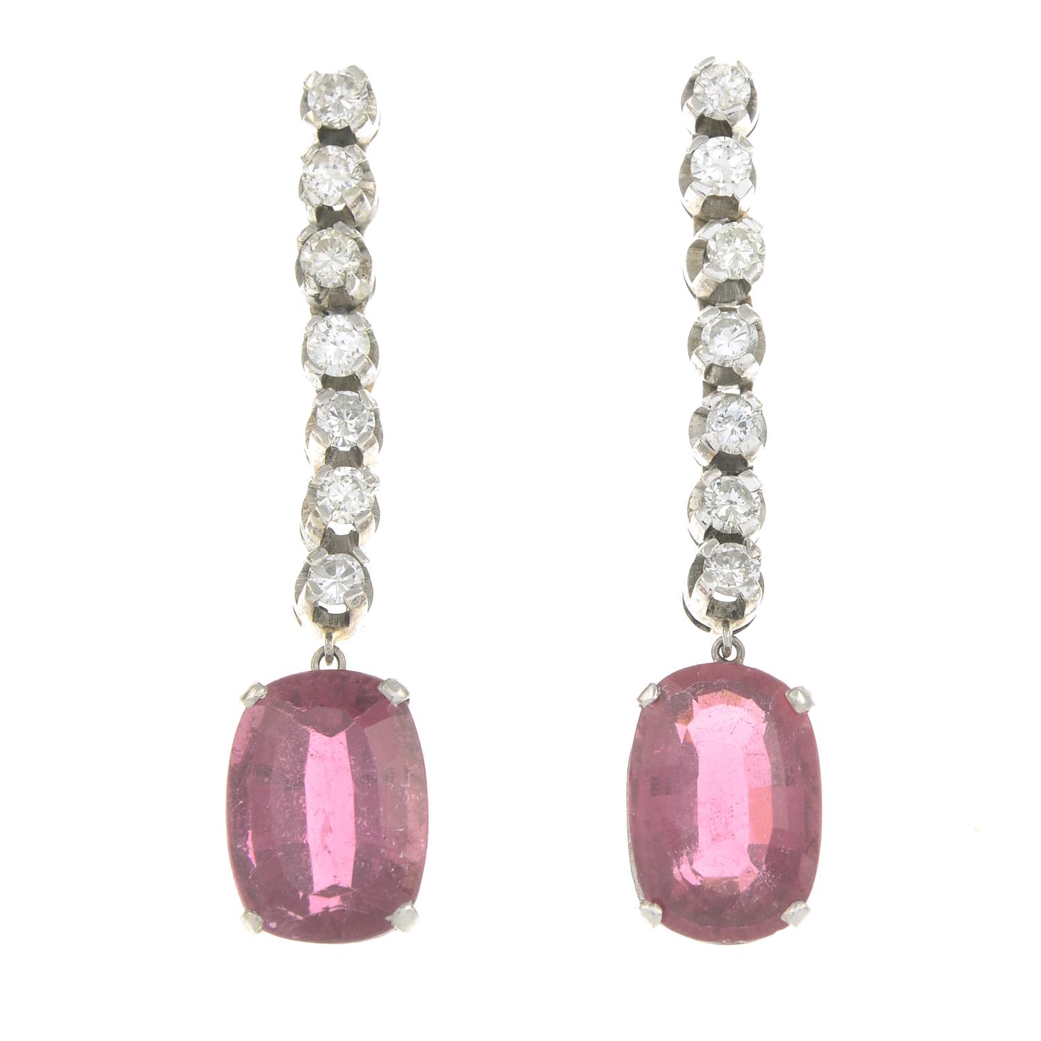 A pair of tourmaline and brilliant-cut diamond drop earrings.Total tourmaline weight 5.84cts,