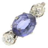 A sapphire and old-cut diamond three stone ring.Sapphire calculated weight 2.30cts,