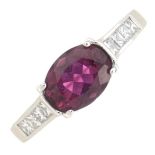 An 18ct gold pink tourmaline and diamond ring.Tourmaline calculated weight 1.35cts,