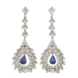 A pair of sapphire and vari-cut diamond drop earrings.Estimated total diamond weight 1.60cts.Length