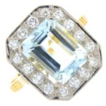 An aquamarine and brilliant-cut diamond cluster ring.Aquamarine calculated weight 3.07cts,