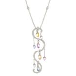 A diamond and vari-hue sapphire briolette scroll pendant,