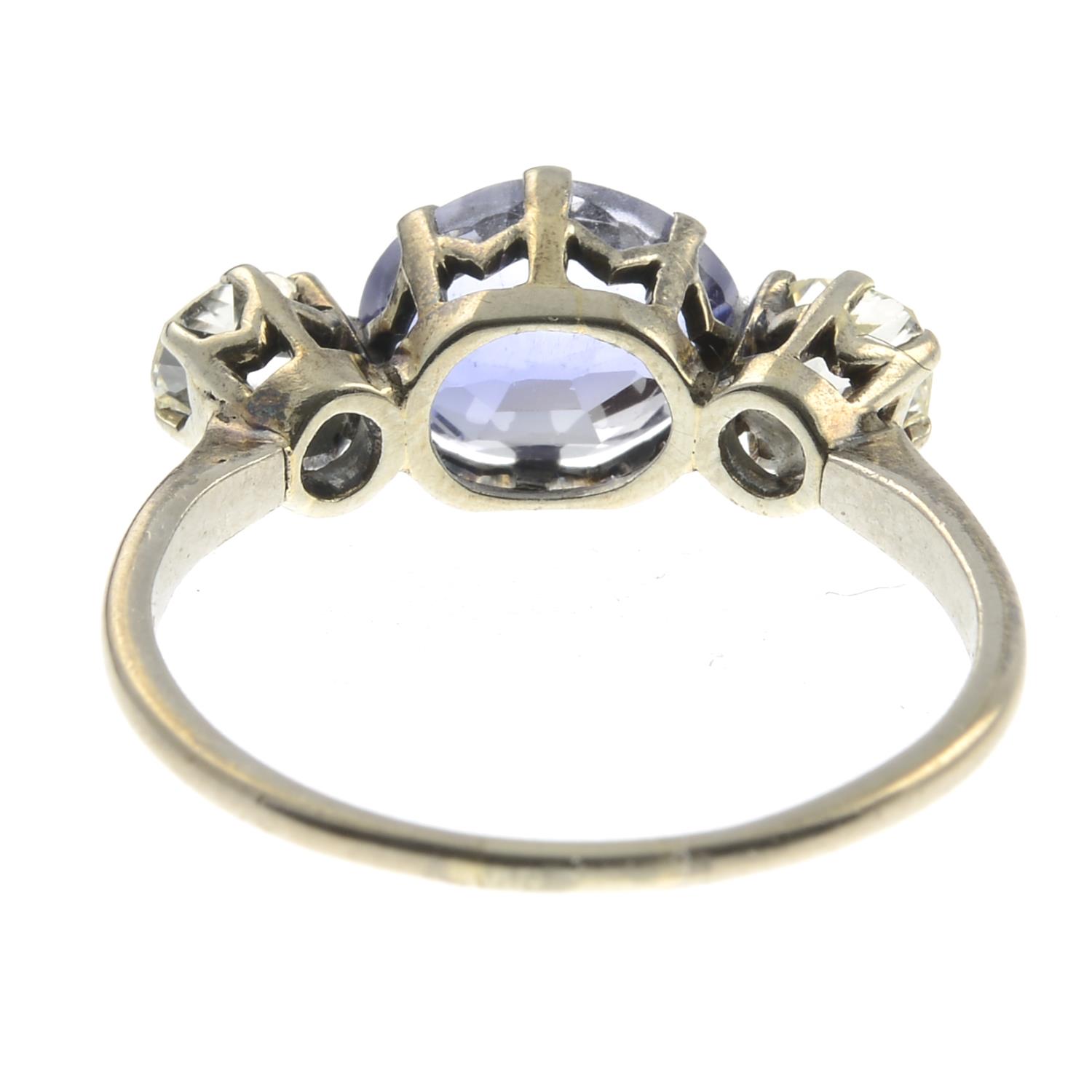 A sapphire and old-cut diamond three stone ring.Sapphire calculated weight 2.30cts, - Image 2 of 3