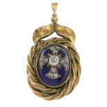 A late 19th century gold enamel old-cut diamond pendant.Estimated total diamond weight 0.80ct,