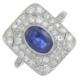 A sapphire and single-cut diamond cluster ring.Sapphire calculated weight 1.24cts based on