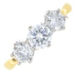 An 18ct gold diamond three-stone ring.Total diamond weight 1ct,