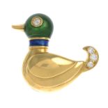 A brilliant-cut diamond and enamel duck pin, by Cartier.Signed Cartier, 16605Stamped 750.