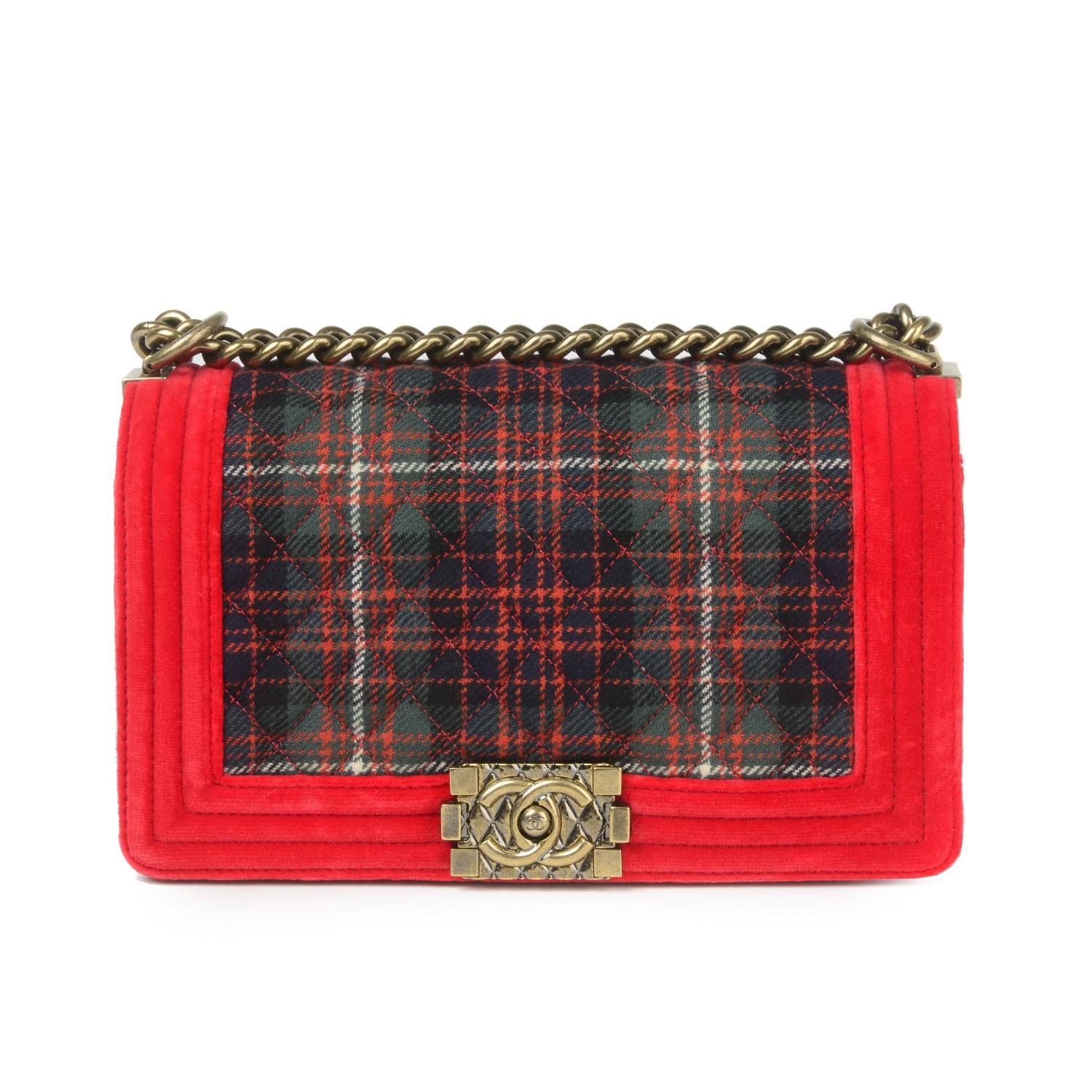 CHANEL - a Medium Velvet Tartan Paris-Edinburgh Boy Flap handbag.