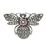 A diamond, sapphire and ruby bee brooch.Estimated total diamond weight 3.40cts,