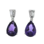 A pair of amethyst and vari-cut diamond drop earrings.Total amethyst weight 3.27cts.Total diamond