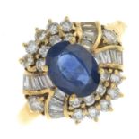 An 18ct gold sapphire and vari-cut diamond dress ring.Sapphire calculated weight 1.24cts based on