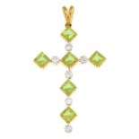 A peridot and circular-cut diamond cross pendant.