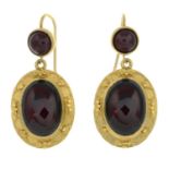 A pair of garnet drop earrings.Length 3.3cms.