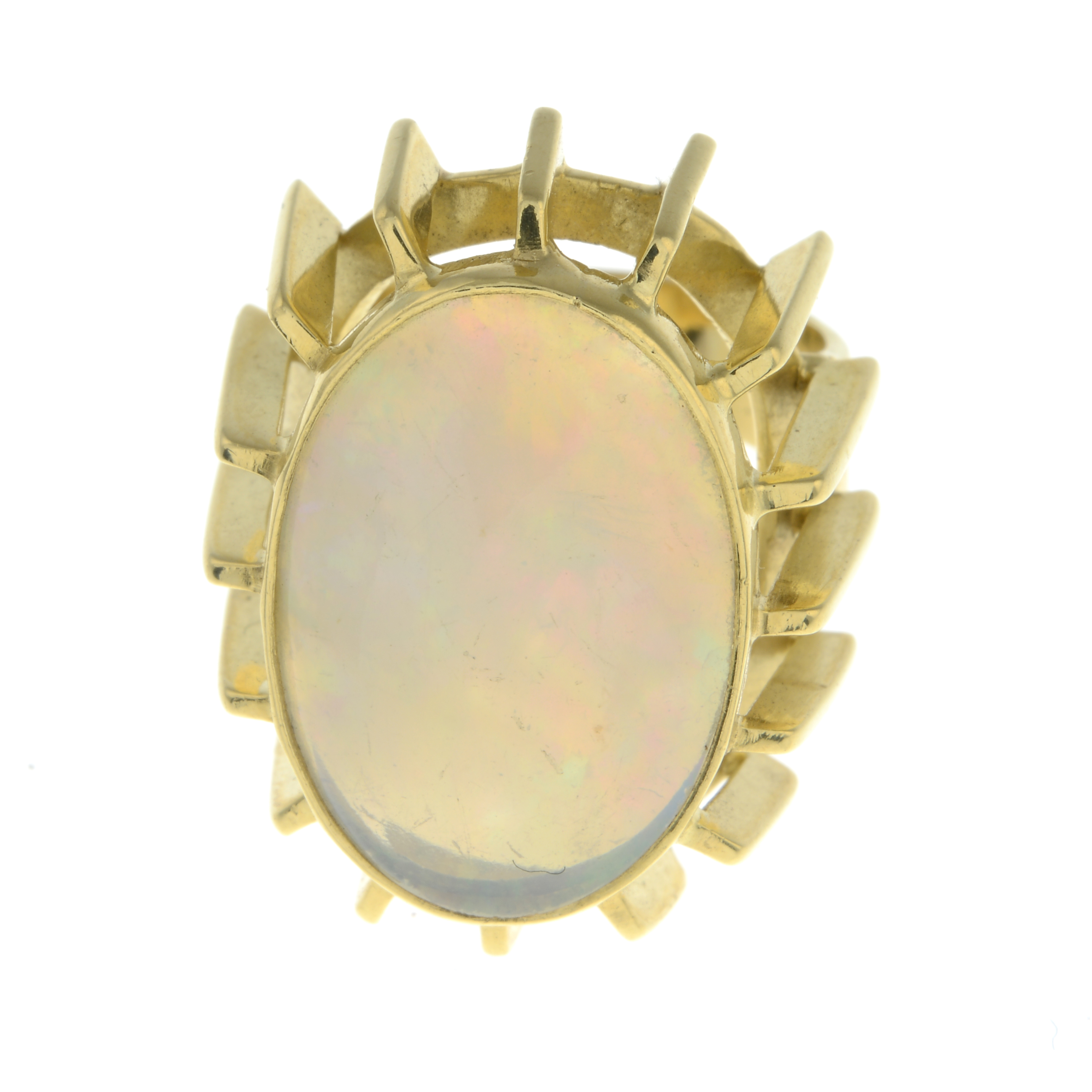 An opal cabochon single-stone ring.Approximate dimensions of opal 31.2 by 14.6 by 4.3mms.Stamped - Image 3 of 3