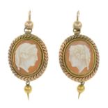 A pair of late 19th century gold cameo earrings.Length 5.2cms.