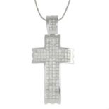 A square-shape diamond cross pendant, suspended from a snake-link chain.