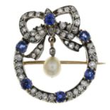 A late Victorian silver and gold, sapphire, diamond and pearl brooch.