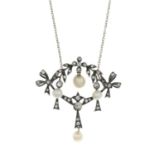 An early 20th century silver and gold, pearl and old-cut diamond necklace.