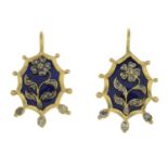 A pair of blue enamel and old-cut diamond earrings.Length 2.5cms.